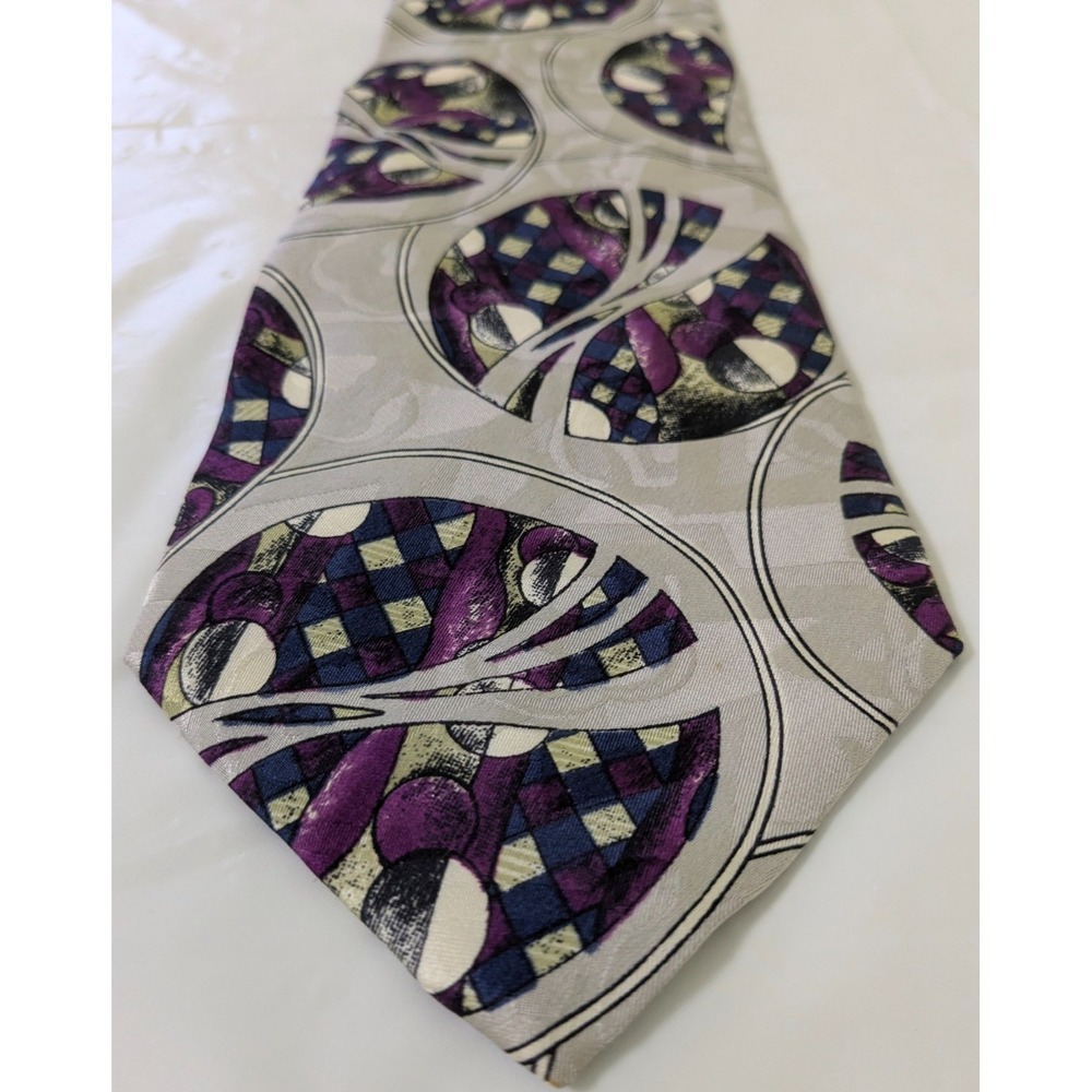 ODYSSEY Hand Made in Italy Silk Tie Abstract Geometric Space Silver Purple 56x4